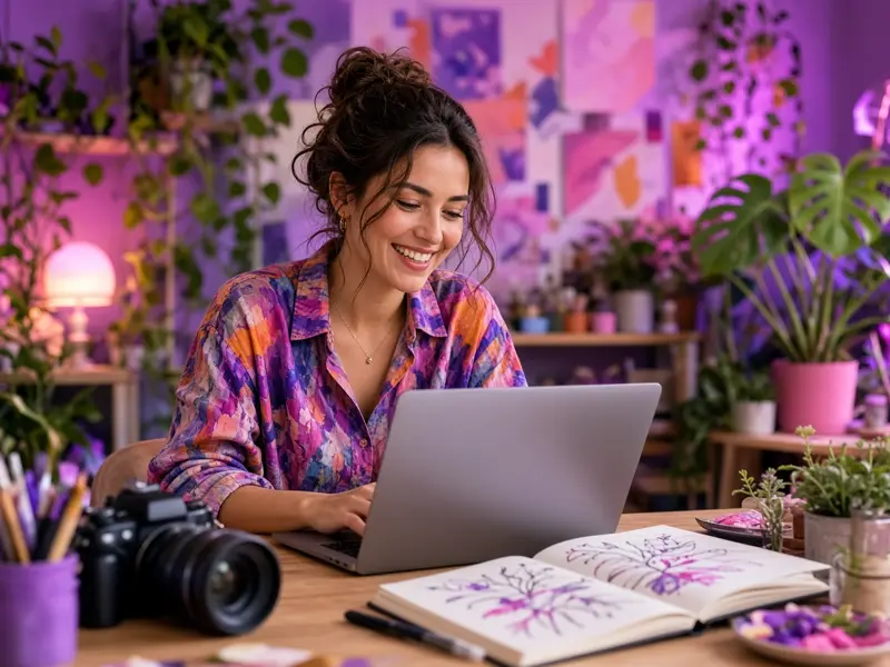 Illustrative image: a creative freelancer working in a colorful studio